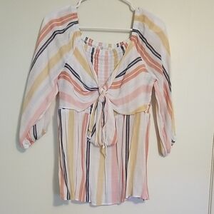 Cato Pink and Orange Smocked Tie-Front Blouse